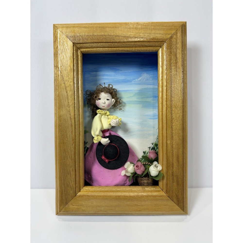 Vintage 3D Mixed Media Shadow Box Girl with Flowers Framed Wall Art Decor